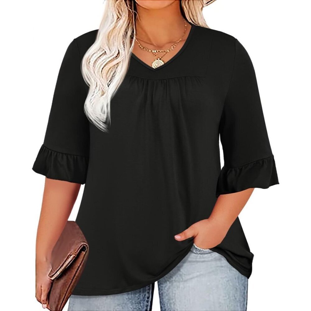 Plus Size Womens Ruffle Sleeve V Neck Top Casual Tunic Shirt